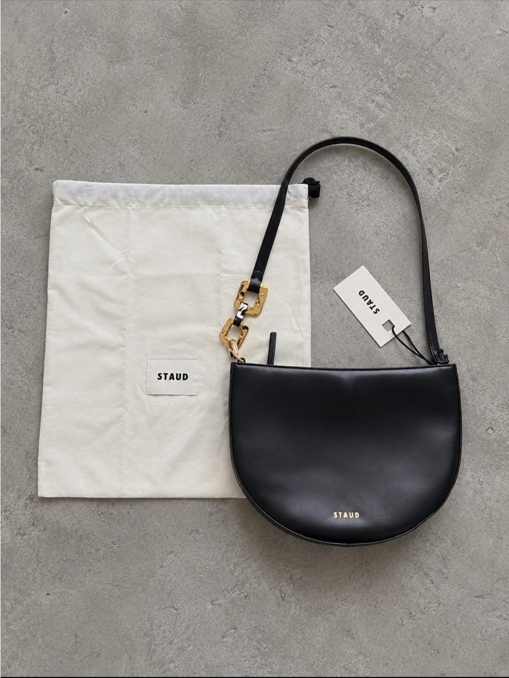 STAUD Colt Shoulder Bag Black Polished Leather Gold Hardware Dust Bag Streetwear
